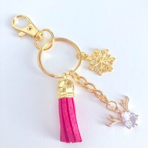 New Rhinestone Reindeer Dangling Keychain Tassel Snowflake Charm Zipper Pull Fun